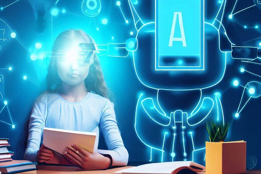 AI integrated into a classroom setting, with students and technology interacting